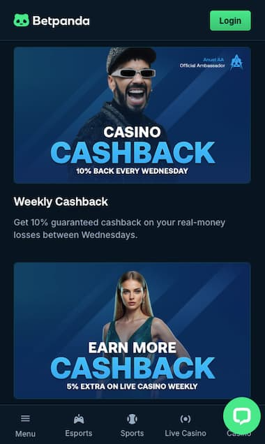 BetPanda mobile cashback promotion at PayPal casinos not on GamStop offering 10% weekly and 5% live casino cashback