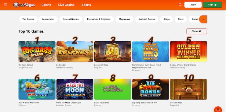 LeoVegas Casino lobby with Big Bass Splash and jackpot slots, part of trusted casinos not on GamStop PayPal list.