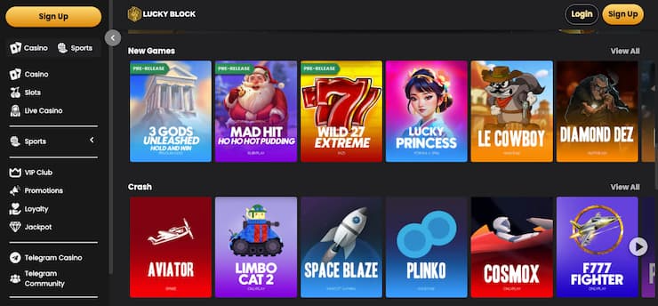 Lucky Block Casino UK homepage featuring new slot games and crash titles like Aviator and Plinko — a leading PayPal casino UK site with instant payouts and €25,000 welcome bonus.