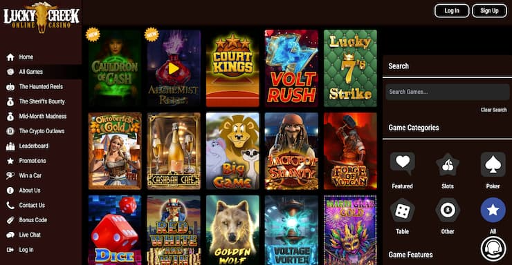 A snapshot of Lucky Creek Casino’s game library featuring crypto-friendly titles and classic slots available to AL online casino players.