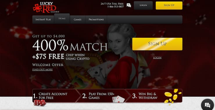 A screenshot of Lucky Red Casino’s landing page highlighting a 400% match bonus, a top choice for online gambling in Alabama.