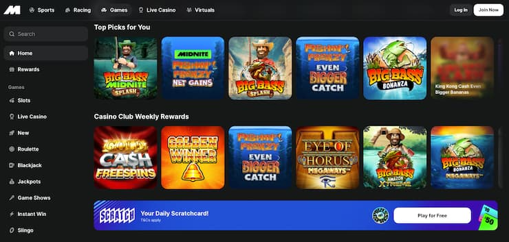 Midnite Casino slots section showing Big Bass titles, a modern casino not on GamStop that accepts PayPal.