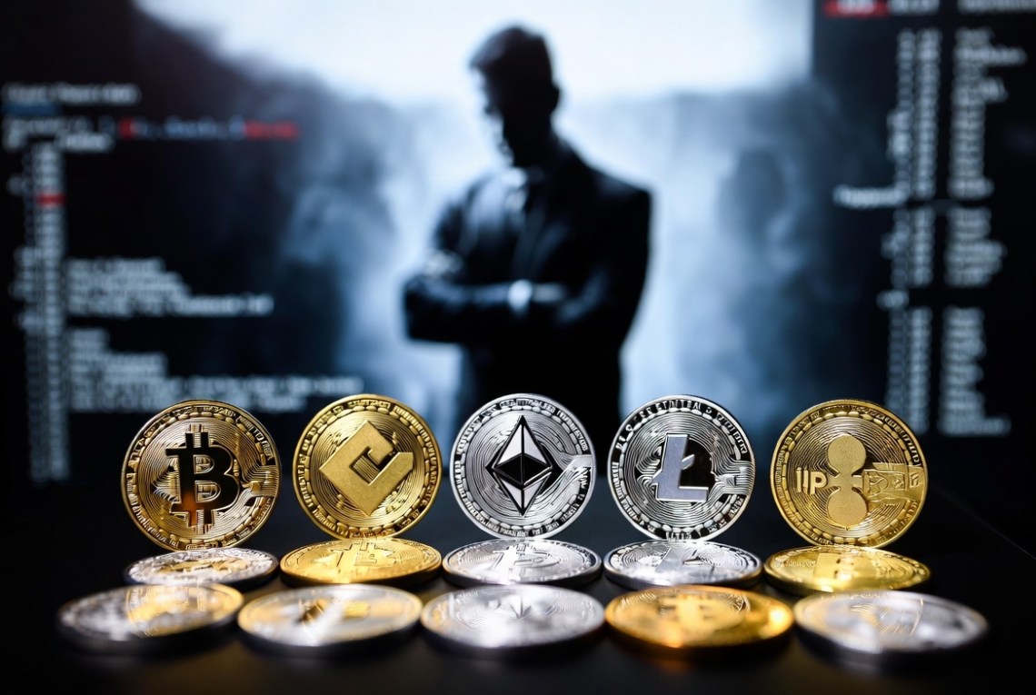 mężczyzna stojący w cieniu w oddali spoglądający na różne monety kryptowalut