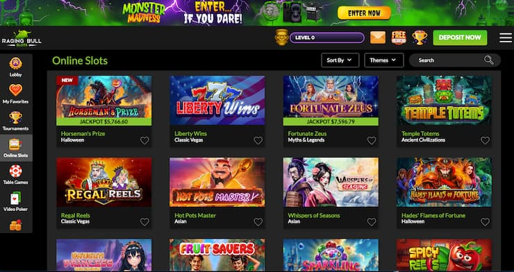 A snapshot of Raging Bull Casino’s vibrant game lobby with jackpot slots and bonus offers, popular among real money casinos in Alabama.
