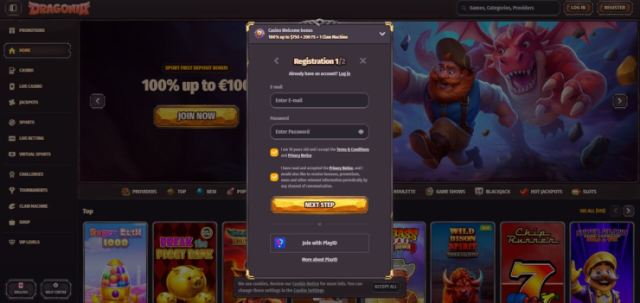 Dragonia Casino registration page showing sign-up form and account creation fields.”
