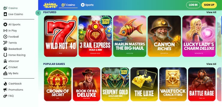 Samba Slots Casino UK homepage showing top slot games and sports options — a leading PayPal casino mobile UK site with cashback rewards and €5,000 welcome bonus.