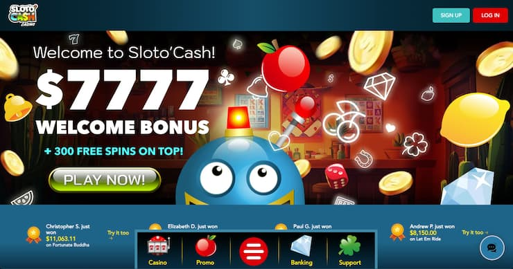 A screenshot of SlotoCash Casino’s homepage with its $7,777 welcome offer and colorful slot icons — a trusted name in AL casinos online.
