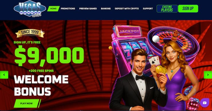 A screenshot of Vegas Casino Online’s welcome screen featuring a $9,000 sign-up bonus — one of the most established Alabama online casinos.