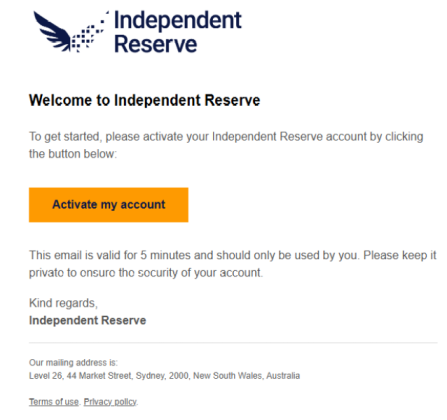 An email received from Independent Reserve to verify the supplied email address.