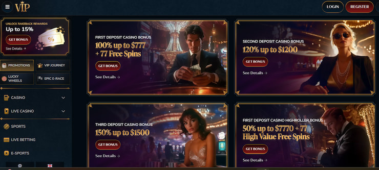 The welcome bonus offers on the VIP Casino site.