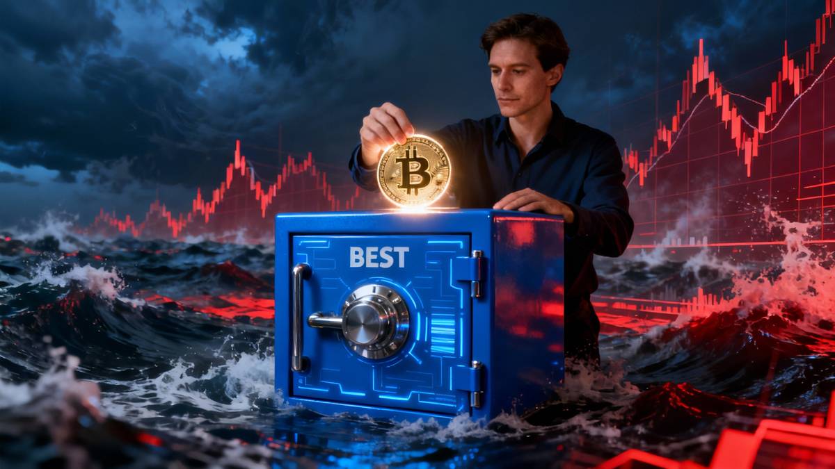 ภาพกราฟราคา Bitcoin ที่กำลังร่วงลง พร้อมไอคอนของ Best Wallet และฟีเจอร์ DCA