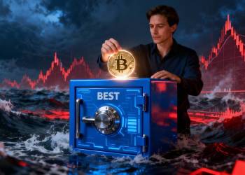 ภาพกราฟราคา Bitcoin ที่กำลังร่วงลง พร้อมไอคอนของ Best Wallet และฟีเจอร์ DCA