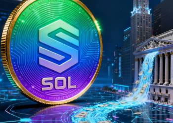 ภาพโลโก้ Solana ส่องสว่างอยู่ท่ามกลางกระแสเงินทุนดิจิทัลที่ไหลมาจากตึกระฟ้าใน Wall Street ซึ่งเป็นสัญลักษณ์ของการลงทุนจากสถาบันการเงิน