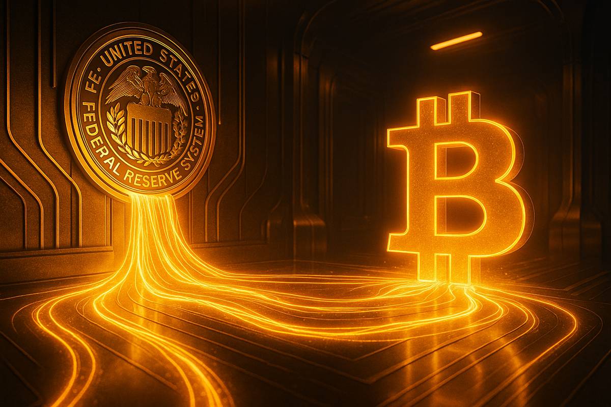 สัญลักษณ์ Fed เชื่อมต่อกระแสพลังงานสู่โลโก้ Bitcoin เรืองแสง
