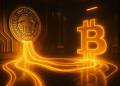 สัญลักษณ์ Fed เชื่อมต่อกระแสพลังงานสู่โลโก้ Bitcoin เรืองแสง