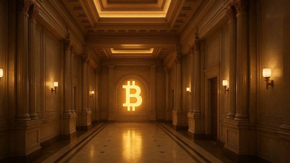 โถงธนาคารหินอ่อนพร้อมสัญลักษณ์ Bitcoin เรืองแสง