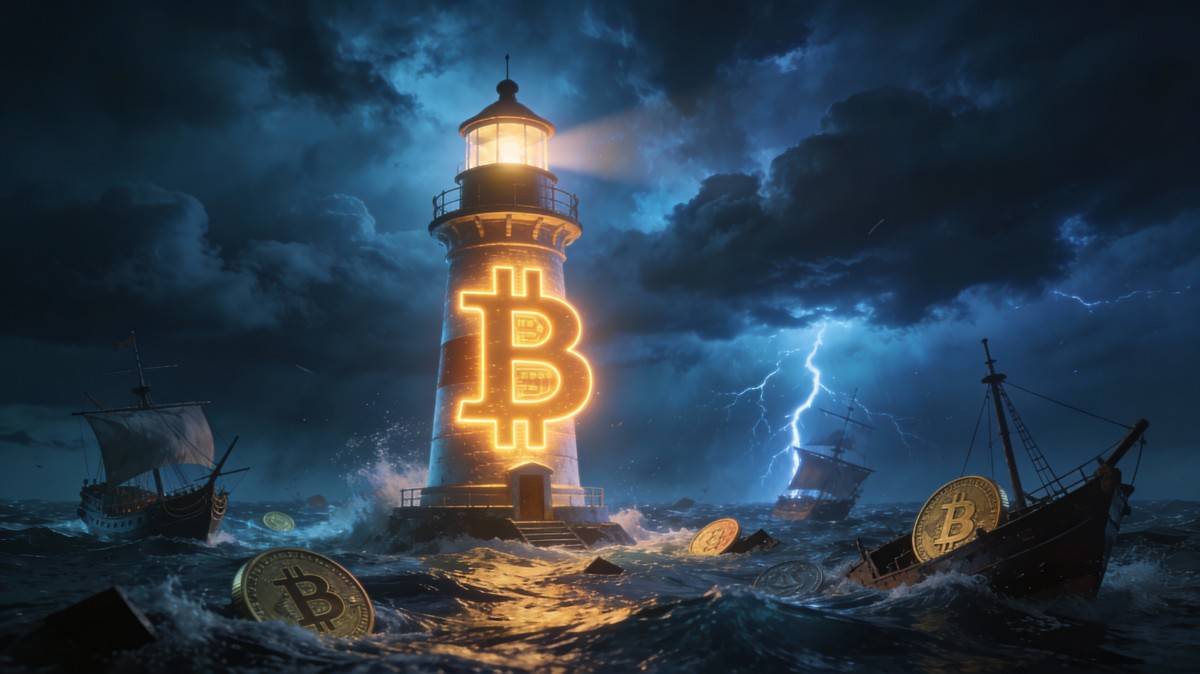 โลโก้ Bitcoin เรืองแสงเหมือนประภาคารในทะเลพายุ 2025-12-16