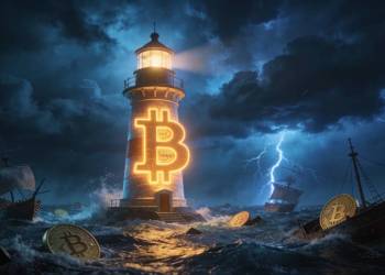 โลโก้ Bitcoin เรืองแสงเหมือนประภาคารในทะเลพายุ 2025-12-16