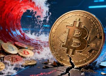 เหรียญ Bitcoin แตกกระแทกพื้น ท่ามกลางคลื่นสีแดงในฉากดิจิทัล