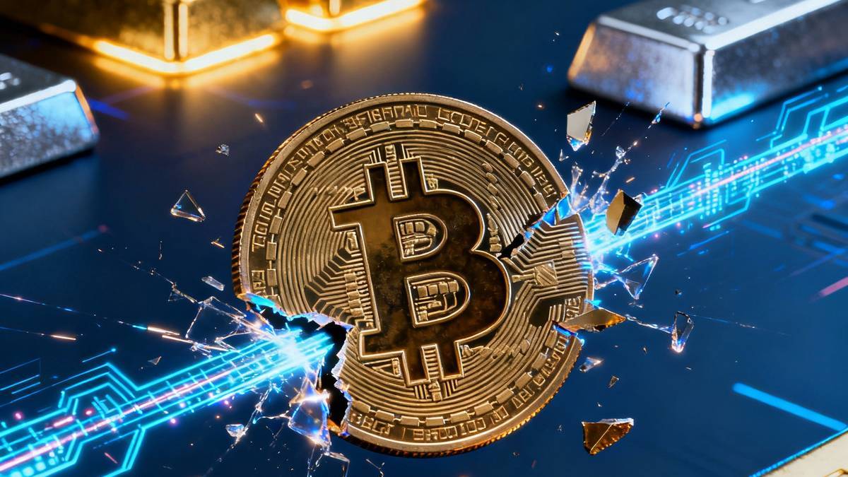 ภาพ Bitcoin กำลังพุ่งทะลุแนวต้าน โดยมีทองคำและเงินเป็นพื้นหลัง สะท้อนแนวโน้มขาขึ้น