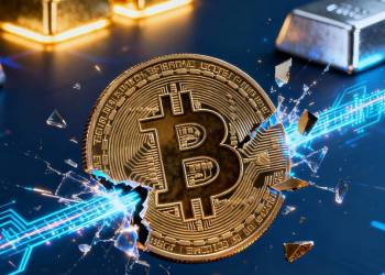 ภาพ Bitcoin กำลังพุ่งทะลุแนวต้าน โดยมีทองคำและเงินเป็นพื้นหลัง สะท้อนแนวโน้มขาขึ้น