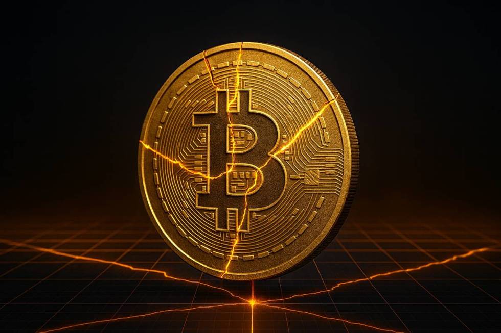 เหรียญ Bitcoin ทองมีรอยแตกเรืองแสงบนพื้นกริดไซไฟ