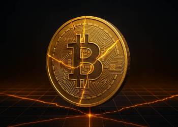 เหรียญ Bitcoin ทองมีรอยแตกเรืองแสงบนพื้นกริดไซไฟ
