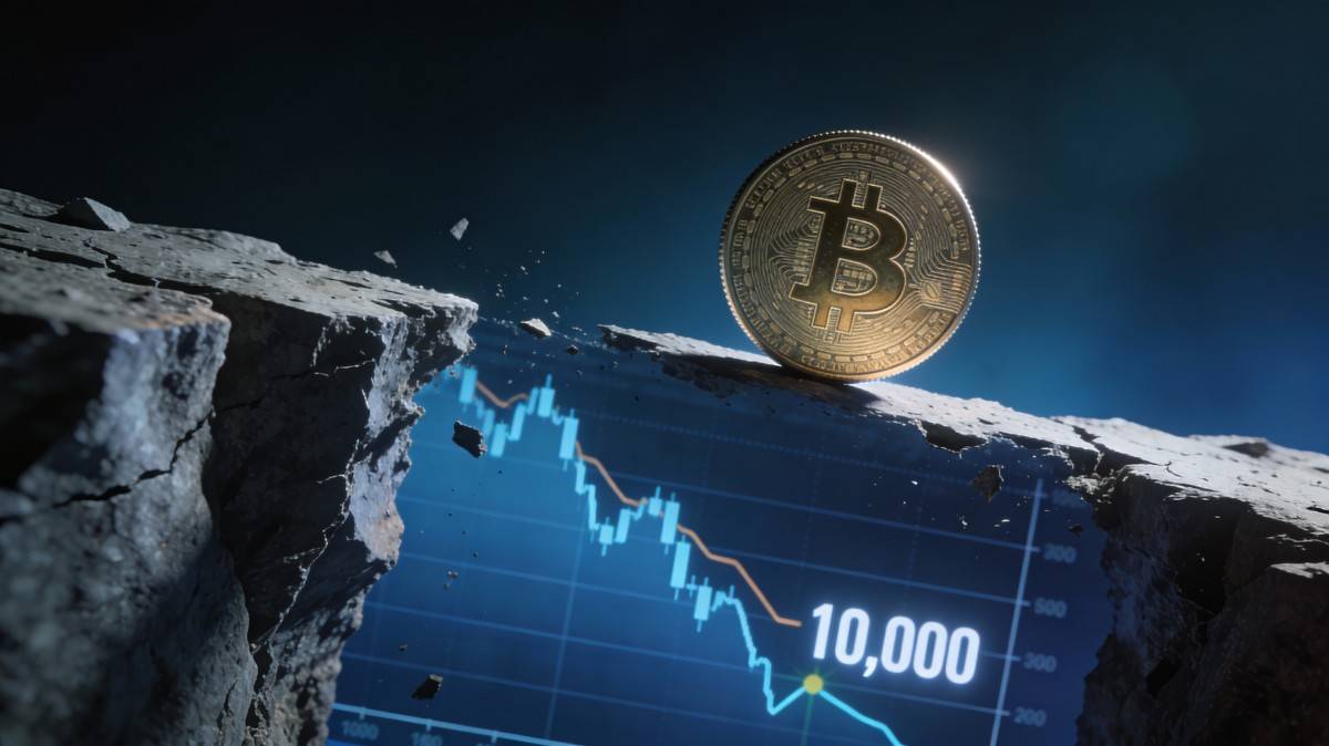ภาพกราฟิก Bitcoin กำลังร่วงลงจากหน้าผา พร้อมตัวเลขคาดการณ์ราคาที่ $10,000 สะท้อนความเสี่ยงตลาดขาลง