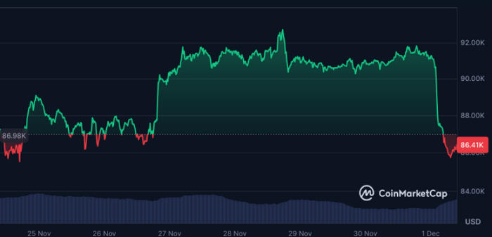 Bitcoin performance chart showing a sudden dump