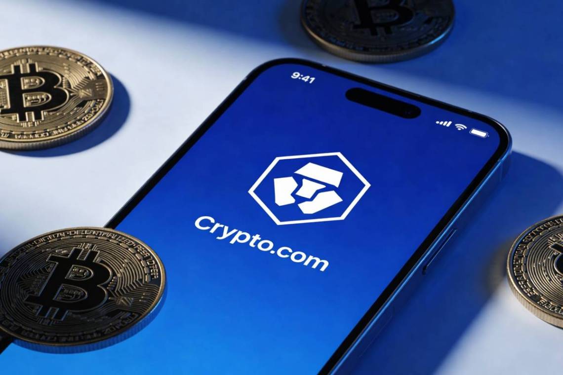 สมาร์ตโฟนแสดงโลโก้ Crypto.com พร้อมเหรียญ Bitcoin