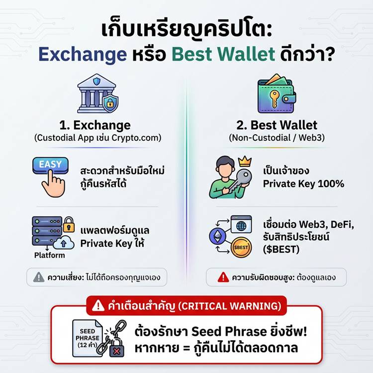 เปรียบเทียบการเก็บเหรียญใน Exchange กับ Best Wallet