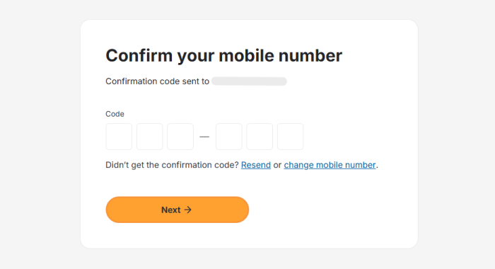 Field for confirming mobile number.
