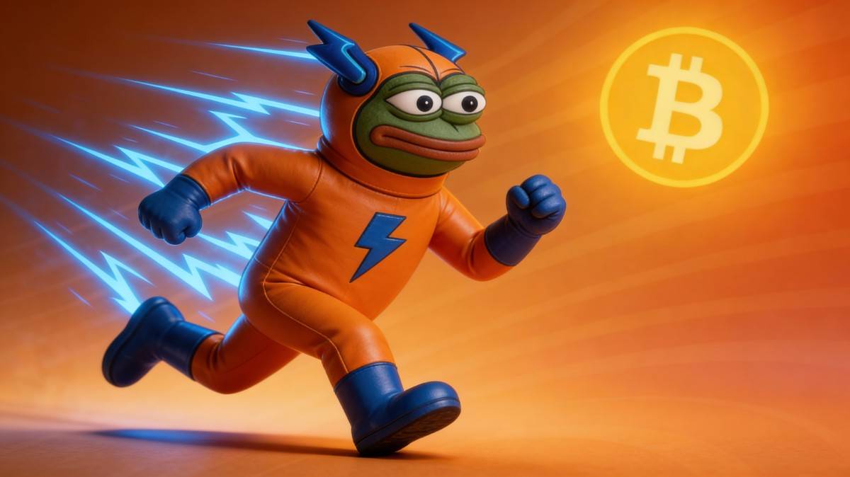 มาสคอต Bitcoin Hyper วิ่งพร้อมสายฟ้าพลังงานบนพื้นหลังสีส้ม