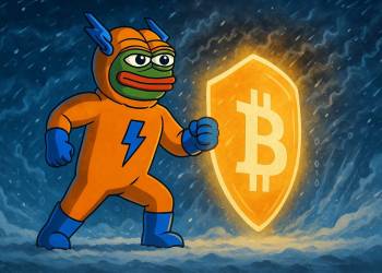 มาสคอต Bitcoin Hyper ยืนหน้ากำแพงโล่สีทองสัญลักษณ์บิตคอยน์