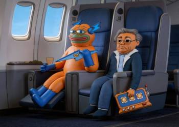 มาสคอต Bitcoin Hyper นั่งบนเครื่องบิน ถือกระเป๋าลาย BTC ข้างตัว