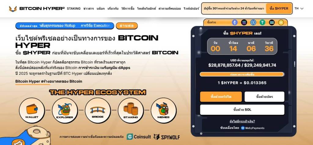 หน้าเว็บไซต์แสดงข้อมูลซื้อโทเคนและระบบนิเวศ Bitcoin Hyper