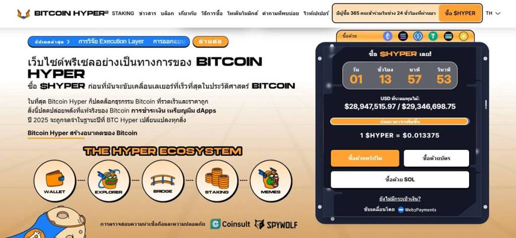 หน้าเว็บ Bitcoin Hyper พร้อมข้อมูลพรีเซลและส่วนแสดงราคา