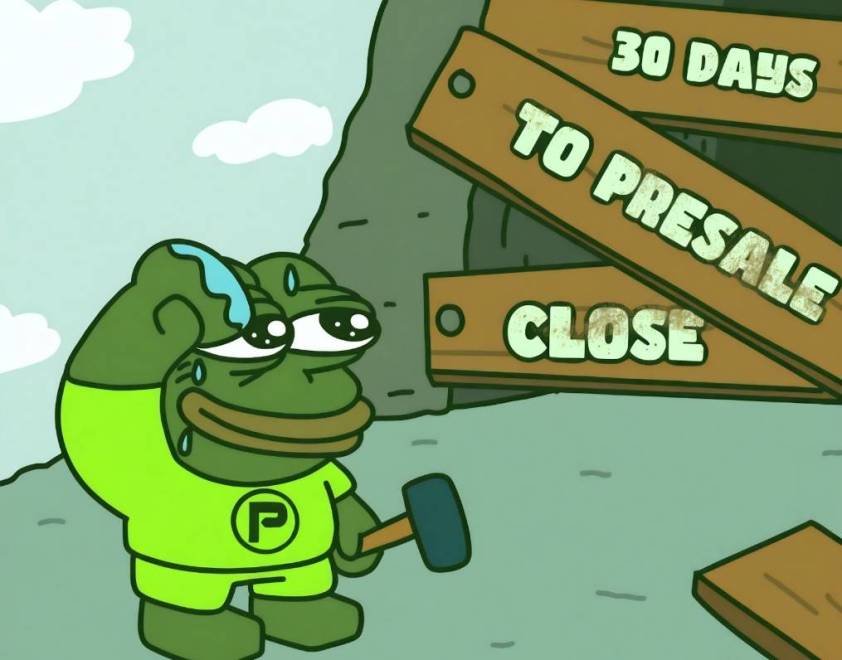 มาสคอต PepeNode กำลังถือค้อนยืนเหงื่อออกหน้าป้ายไม้ 30 วันสุดท้าย