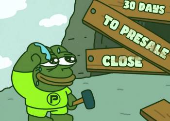 มาสคอต PepeNode กำลังถือค้อนยืนเหงื่อออกหน้าป้ายไม้ 30 วันสุดท้าย