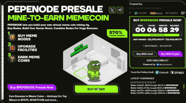 PEPENODE’s mine-to-earn ecosystem and presale numbers.