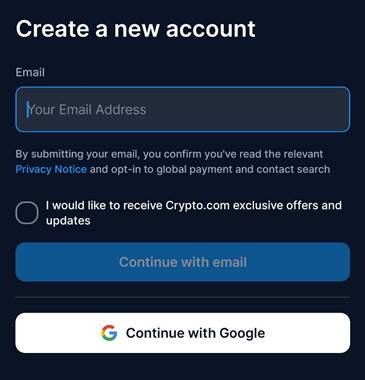 หน้าสร้างบัญชีใหม่ Crypto.com กรอกอีเมลสมัครใช้งาน