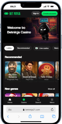 BetNinja home page on mobile displaying games and Best No Deposit Casino promotions