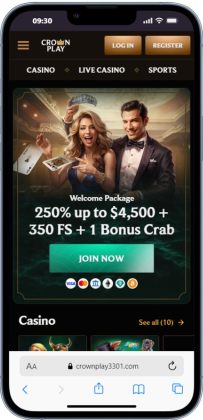 Mobile screenshot of the CrownPlay home page highlighting Best No Deposit Casino features