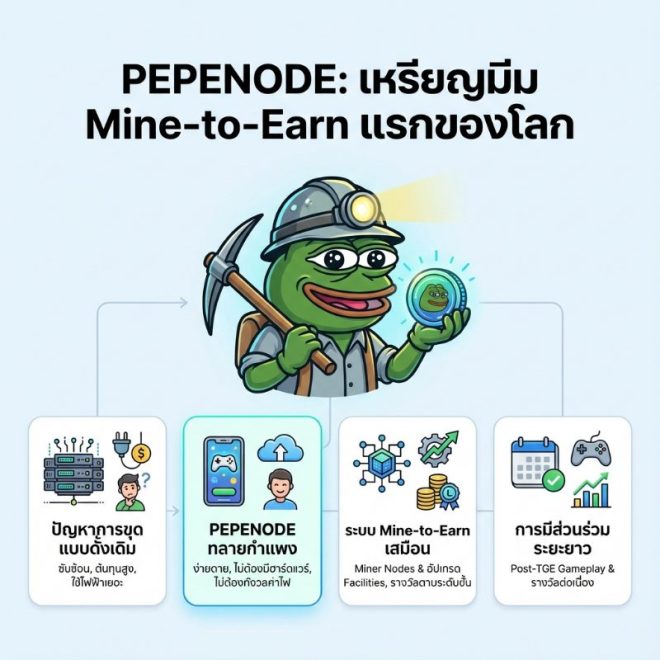 ภาพอินโฟกราฟฟิคอธิบาย PEPENODE ขุดเหรียญแบบ Mine-to-Earn