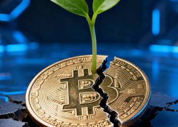 ภาพเหรียญ Bitcoin ที่มีรอยร้าวและมีต้นอ่อนสีเขียวงอกออกมา สื่อถึงการปรับฐานของราคา Bitcoin ก่อนจะฟื้นตัวอย่างแข็งแกร่ง