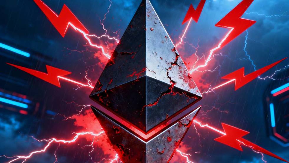 โลโก้ Ethereum (ETH) ท่ามกลางพายุสีแดงซึ่งเป็นสัญลักษณ์ของราคาที่ติดลบ 9 เดือนในปี 2025
