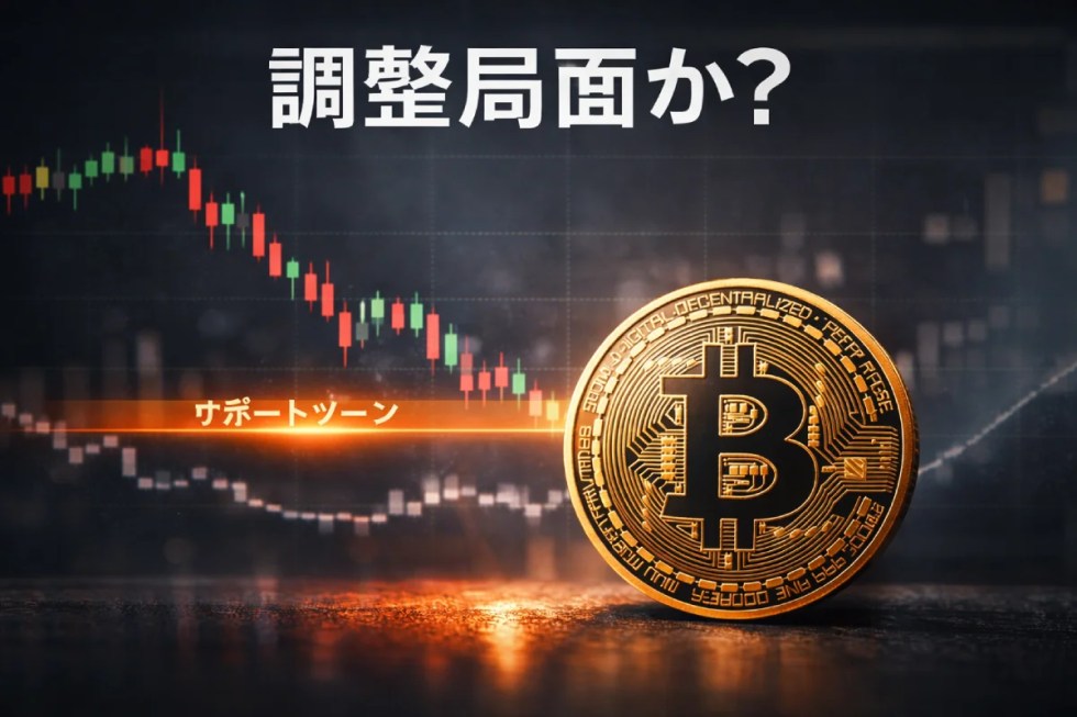 ビットコイン価格の調整局面を示すチャートとBTCコインのイメージ