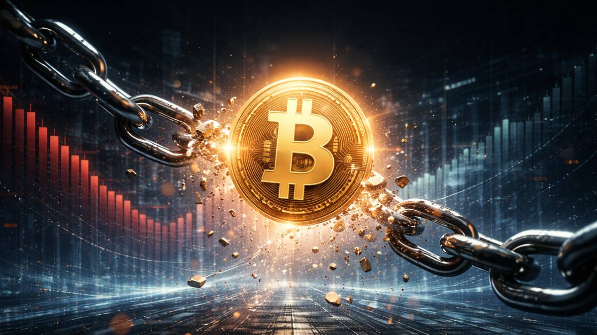 เหรียญ Bitcoin สีทองกำลังทำลายโซ่โลหะ ท่ามกลางฉากดิจิทัลโทนสีน้ำเงินและกราฟข้อมูลตลาดโปร่งใสด้านหลัง