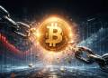 เหรียญ Bitcoin สีทองกำลังทำลายโซ่โลหะ ท่ามกลางฉากดิจิทัลโทนสีน้ำเงินและกราฟข้อมูลตลาดโปร่งใสด้านหลัง