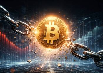 เหรียญ Bitcoin สีทองกำลังทำลายโซ่โลหะ ท่ามกลางฉากดิจิทัลโทนสีน้ำเงินและกราฟข้อมูลตลาดโปร่งใสด้านหลัง